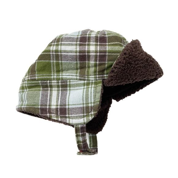 Gymboree Plaid Trapper Hat Green Brown Fleece Lined Winter 3-6 Months Baby - Picture 1 of 6